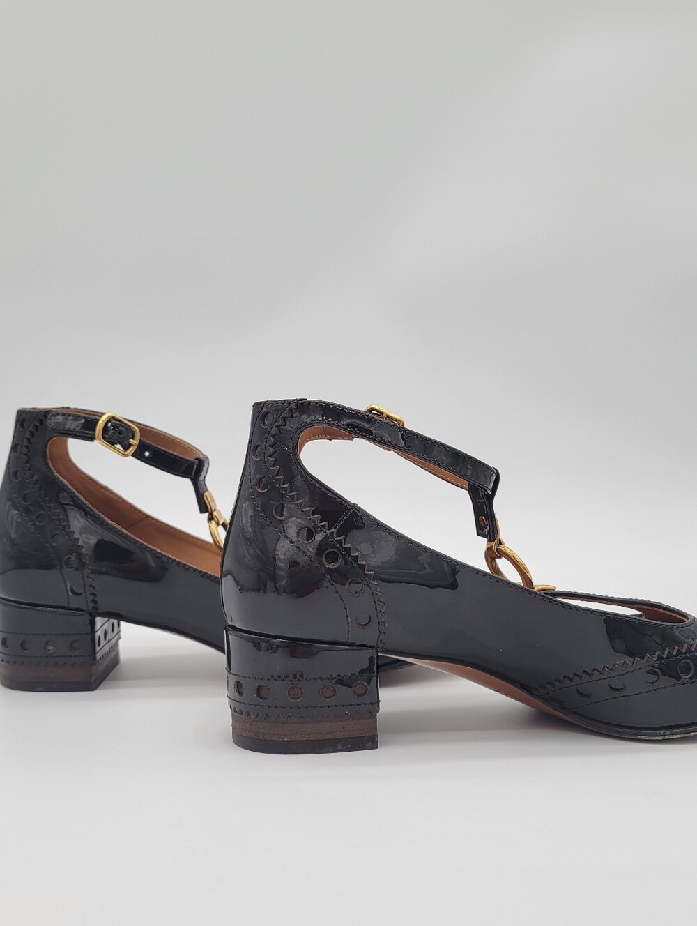 Chloe Brown Patent Leather T-Strap Pumps with Gold Hardware - Picture 3 of 5